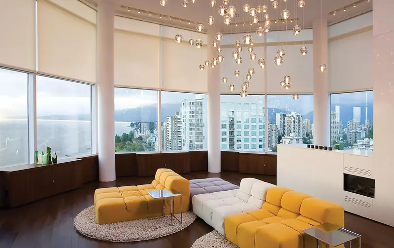 Lutron motorised smart blinds in a luxury living room