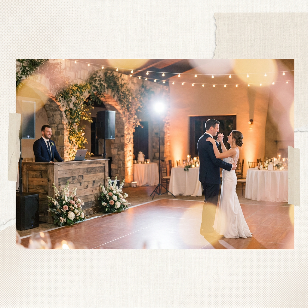 Wedding DJ booth and reception dance floor